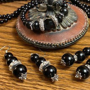 OOAK Black Beaded Tie Necklace with Rhinestone Accents Jewelry Set
